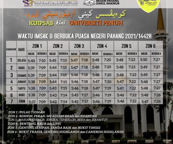 KUIPSAS Waktu Imsak & Berbuka Puasa Negeri Pahang 2021