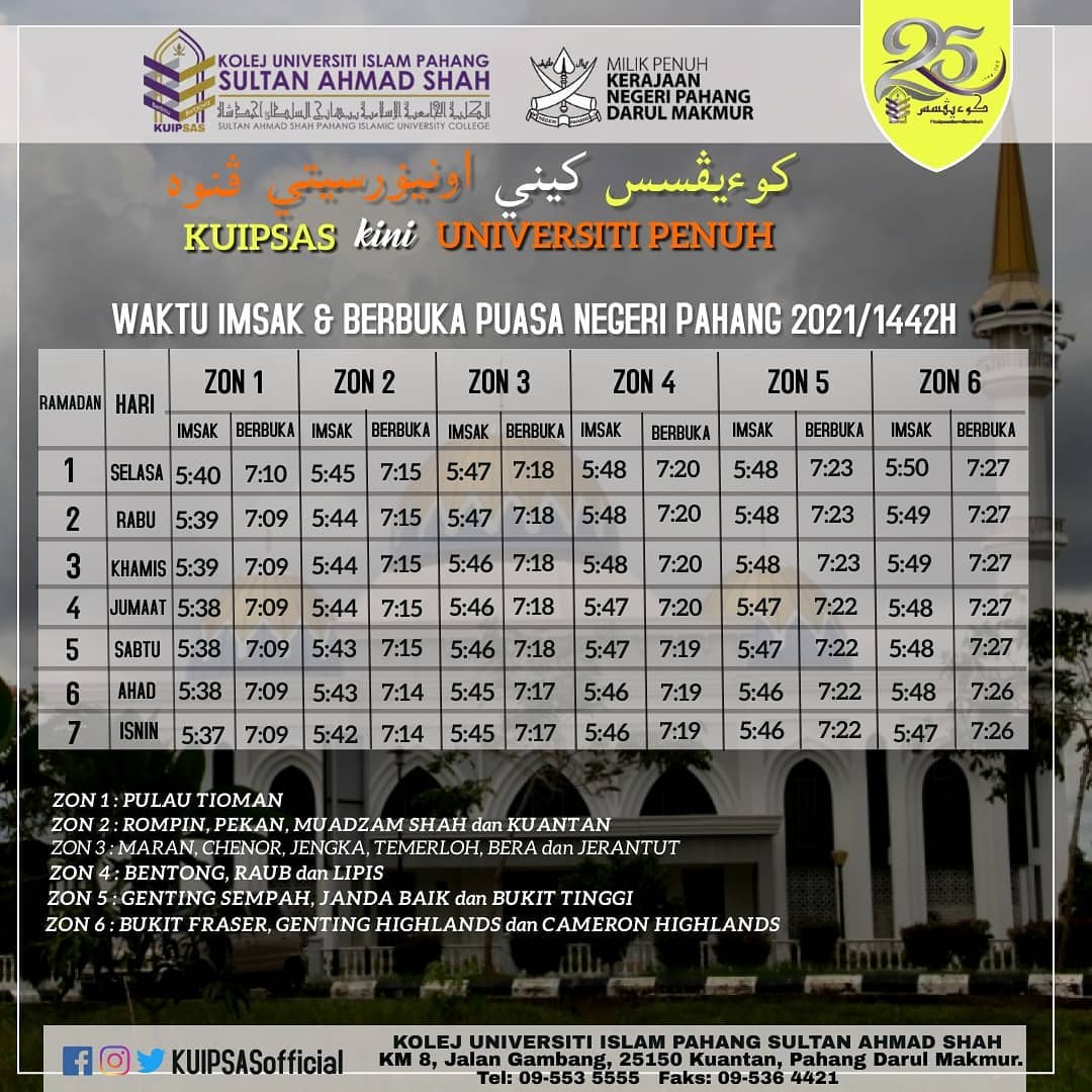 KUIPSAS Waktu Imsak u0026 Berbuka Puasa Negeri Pahang 2021  Kolej 